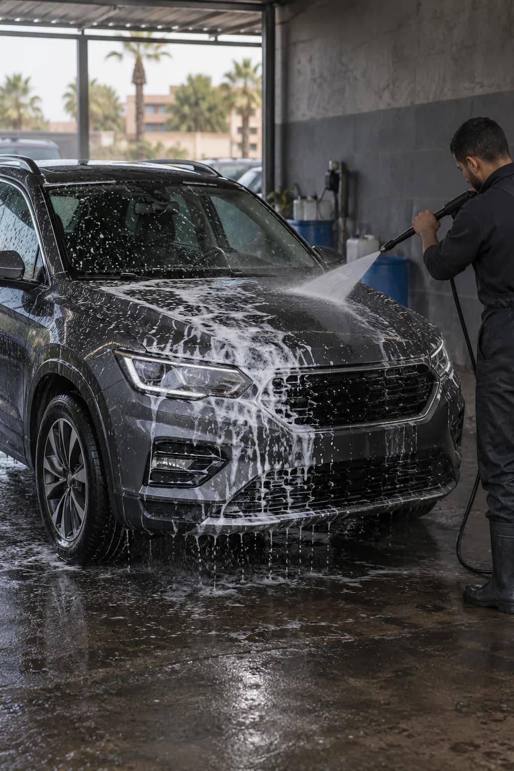 An illustrative car-wash scene with an attendant rinsing a charcoal SUV