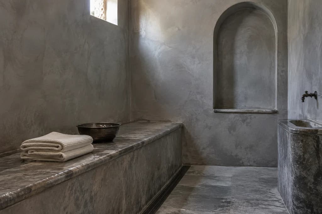 An illustrative Moroccan hammam with a stone bench and folded towels